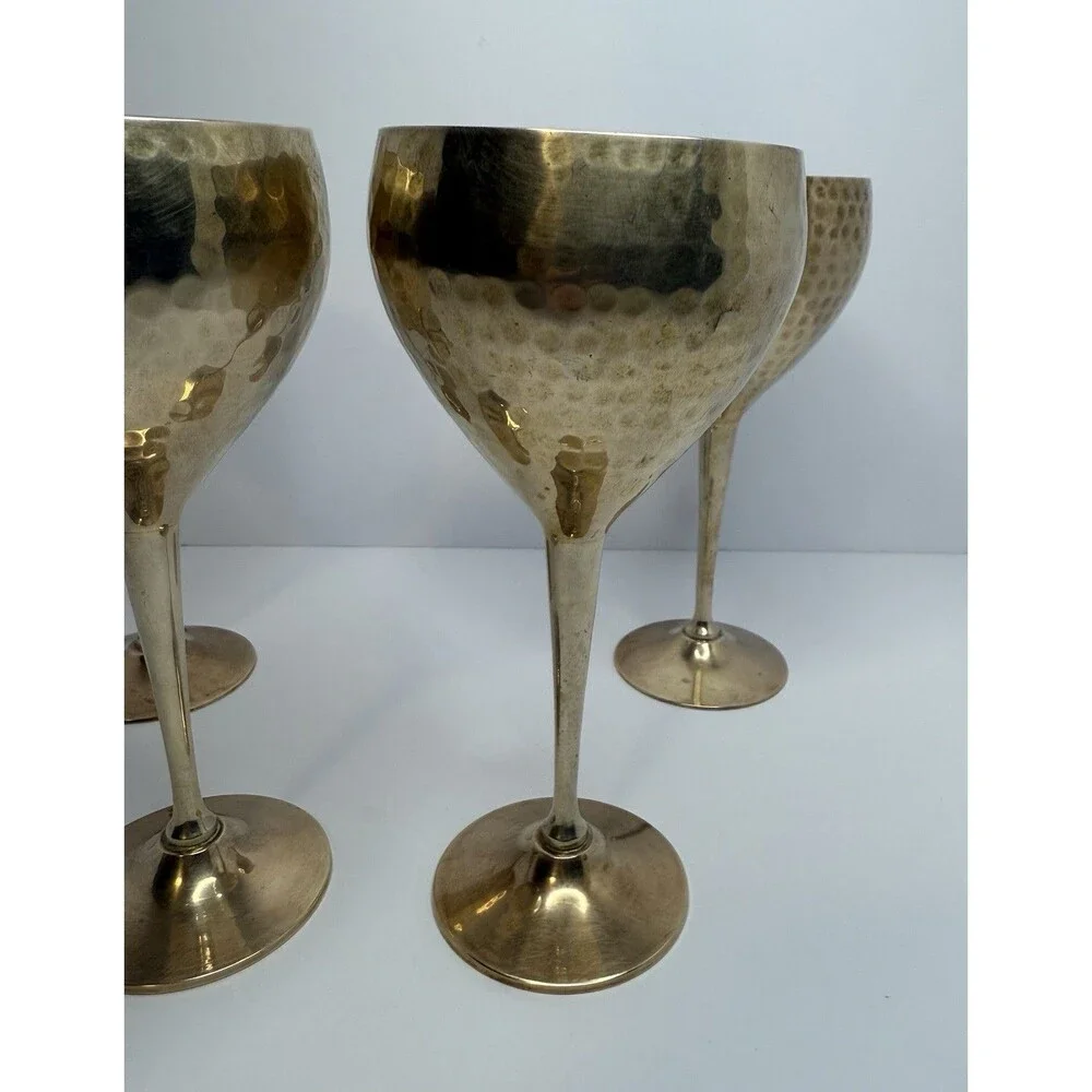Vintage Hammered Solid Brass‎ Wine Goblets 7.5” Set Of 4 Made In India. Polished